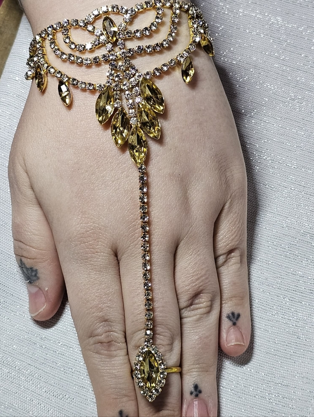 Gold-Tone Crystal Hand Chain Bracelet with Ring